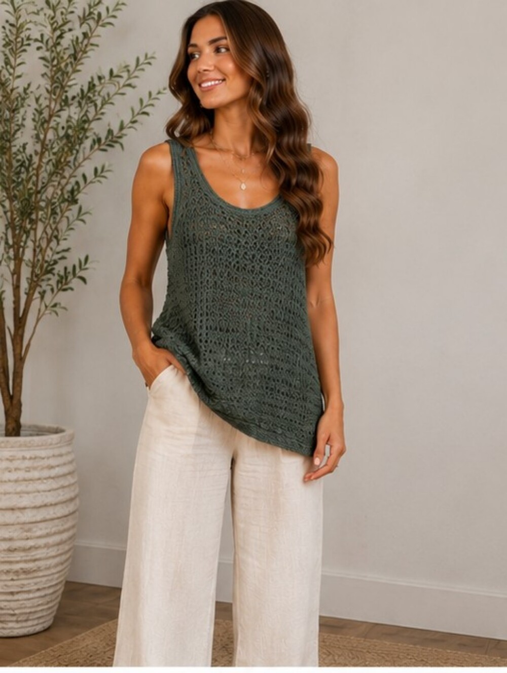 Aerie, Crochet Knit Scoop Neck Tank Top - Olive